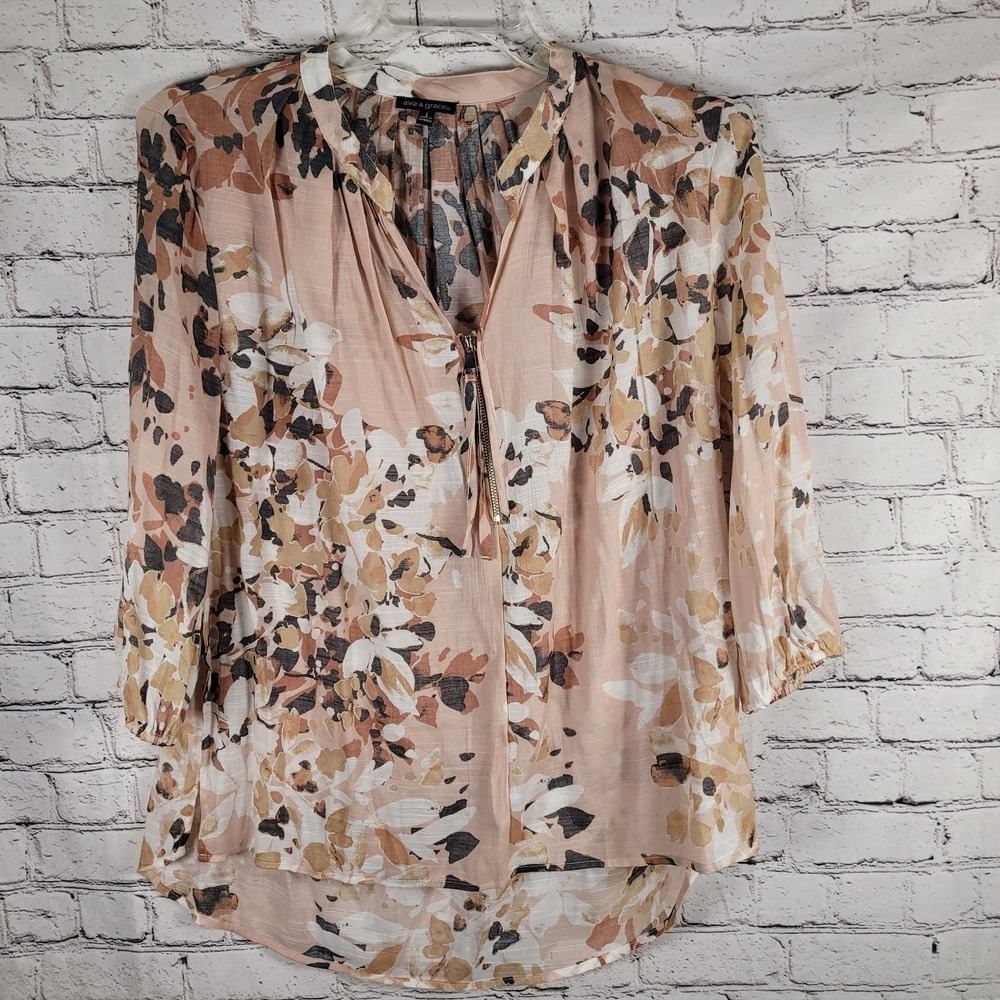 Ava & Grace‎ Brown Floral Tunic Blouse, Zipper Accent Size Large